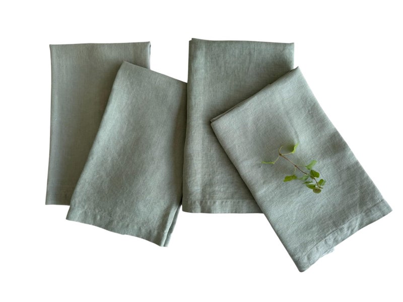 Eight Owls Linen Napkins â€“ 100% French Flax â€“ Stonewashed Pure Linen Cloth Napkins â€“ Mitered Corners â€“ Set of 4 (Sage Green) - Image 1